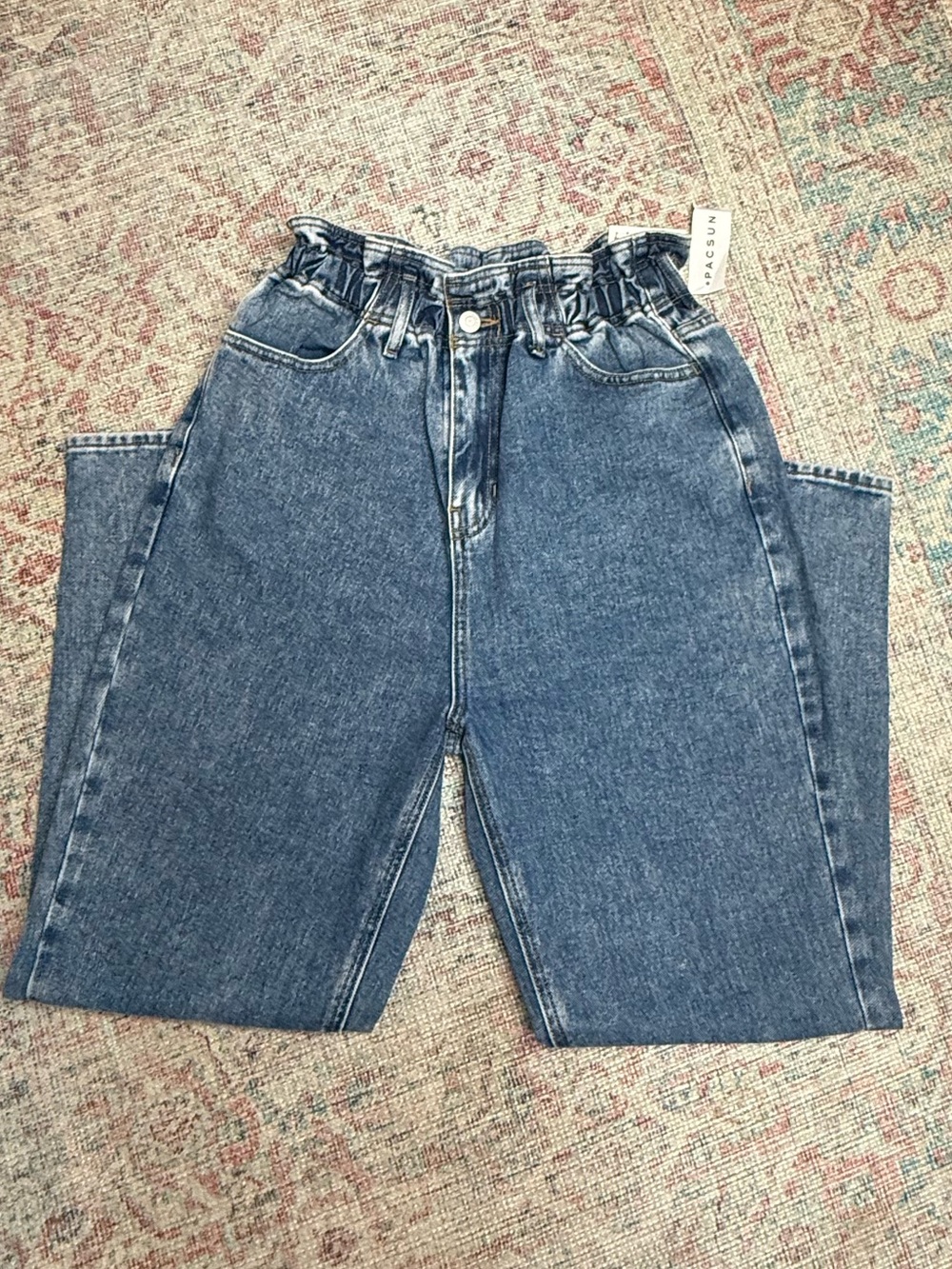 PacSun High Rise Paperbag Waist Mom Jeans in Blue Wash